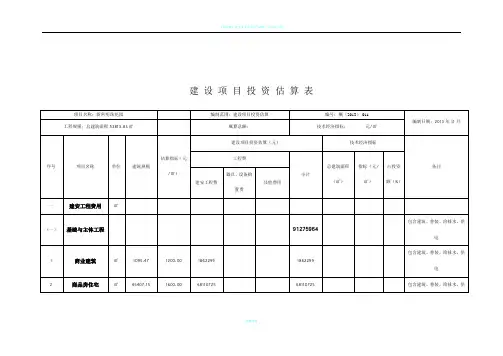 新密建设项目投资估算表