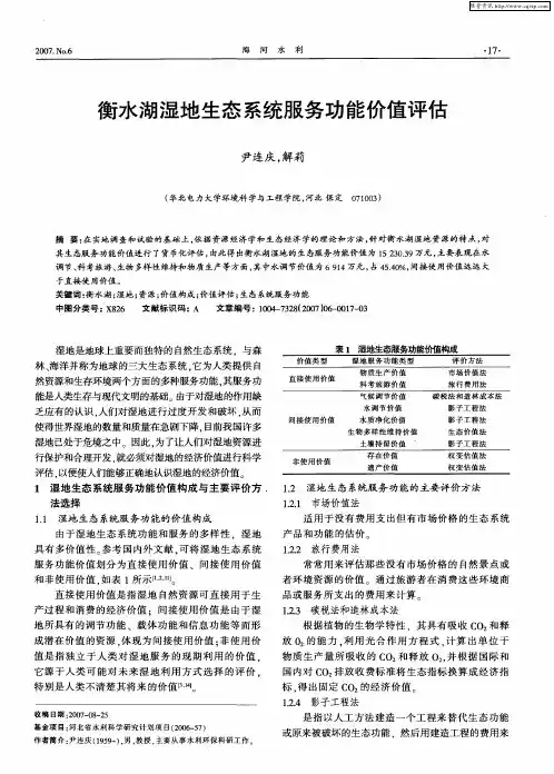 衡水湖湿地生态系统服务功能价值评估