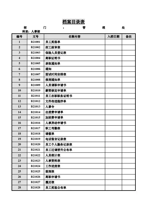 档案目录表 格式 