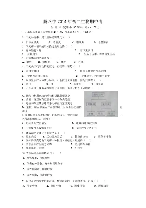腾冲八中2014-2015学年上学期八年级生物期中试卷