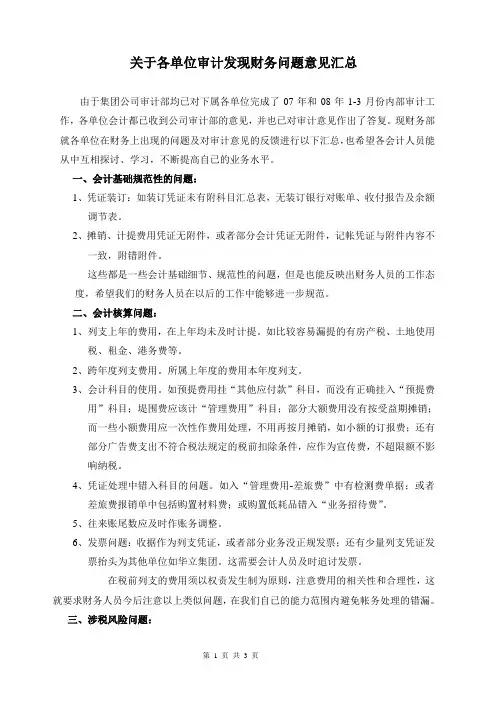 关于各单位审计发现财务问题意见汇总