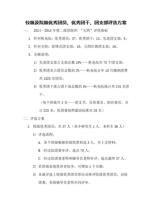 优秀团员、优秀团干、团支部评选方案