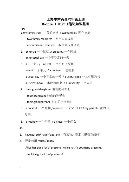 上海牛津版本六年级上册Module 1 Unit 1笔记知识整理(word版)