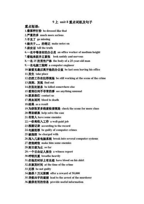 新牛津译林版英语九年级上册第八单元重点词组句子