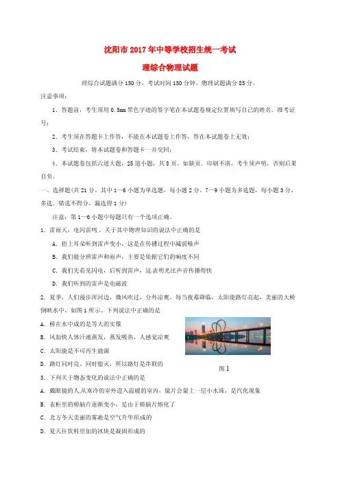 辽宁省沈阳市2017年中考物理真题试题(含答案)