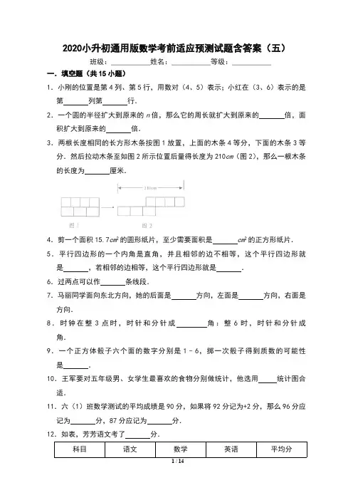 2020小升初通用版数学考前适应预测试题含答案(五)