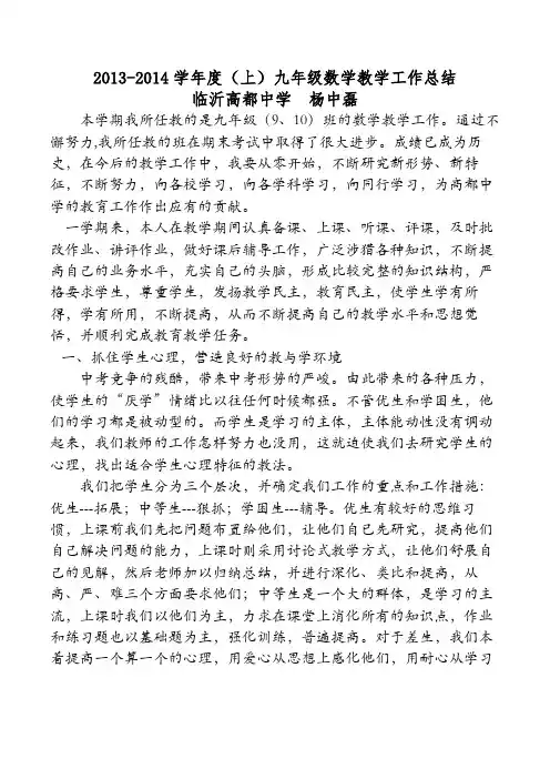 2013-2014学年度(上)九年级数学教学工作总结