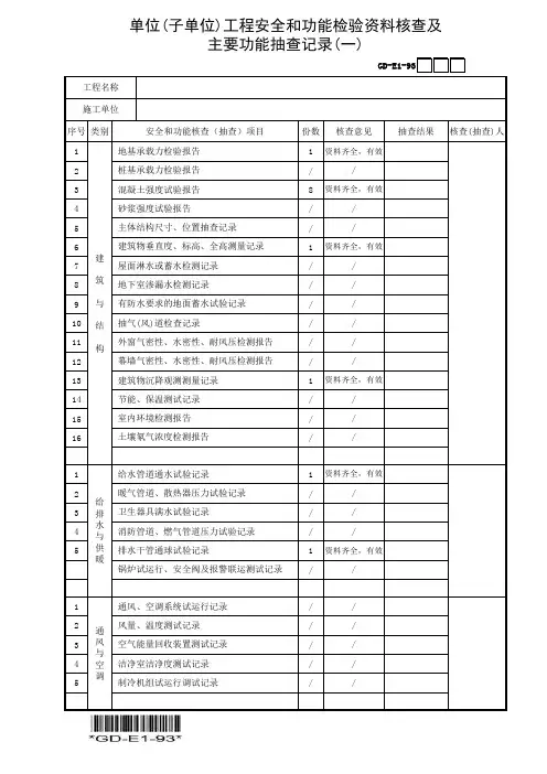 单位(子单位)工程安全和功能检验资料核查及主要功能抽查记录-填写范例