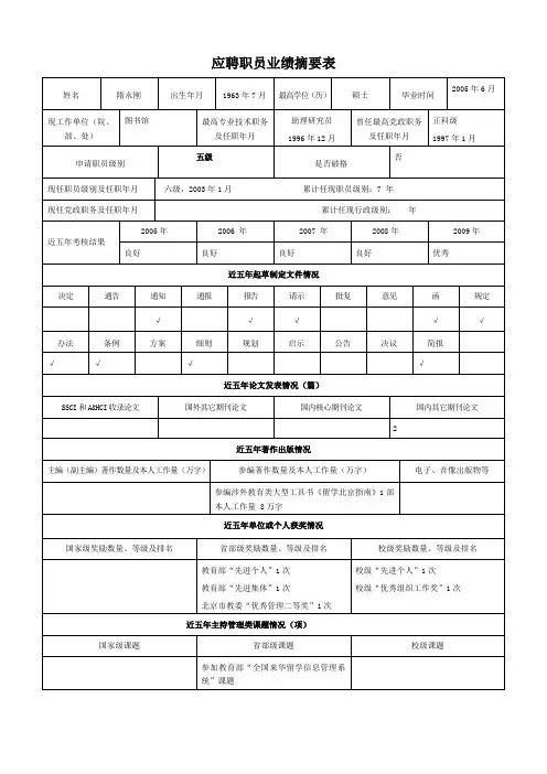 应聘职员业绩摘要表.doc