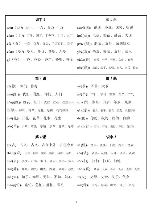 一年级下册生字词语表