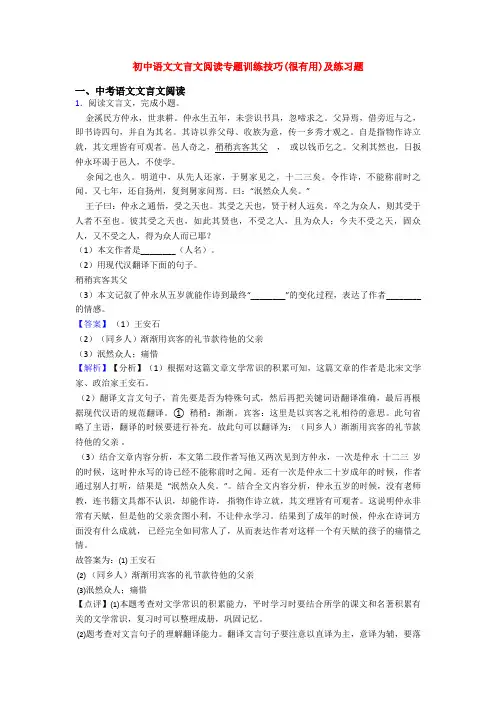 初中语文文言文阅读专题训练技巧(很有用)及练习题