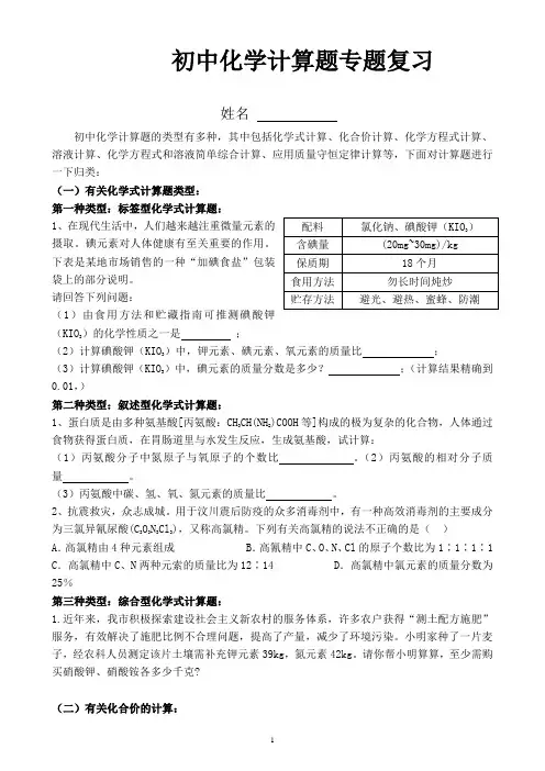 初中化学计算题专题复习