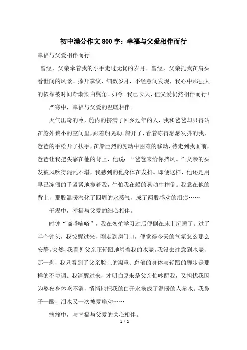 初中满分作文800字：幸福与父爱相伴而行