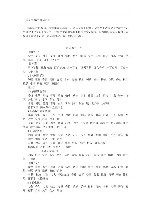 小学一年级第二册词语表(一)