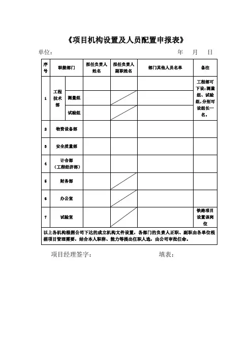 项目机构设置及人员配置申报表