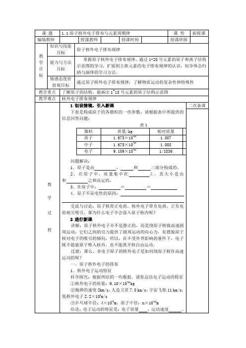 苏教版高中化学必修2(教案+习题)1.1原子核外电子排布与元素周期律1