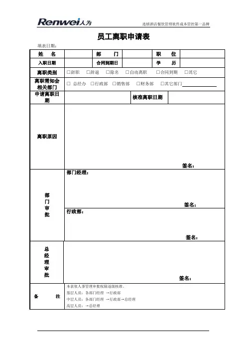 员工离职申请表