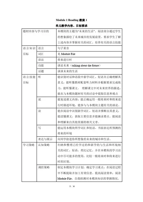 外研版高中英语必修四 Module1 Reading教案1-新版