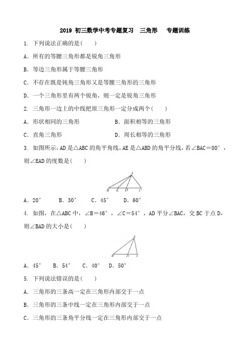 2019年中考数学复习《三角形》专题训练含答案(共30题)