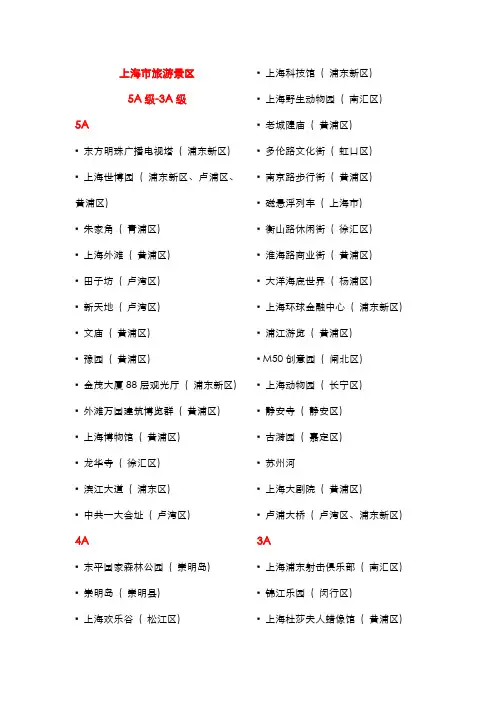 上海市旅游景区5A~3A