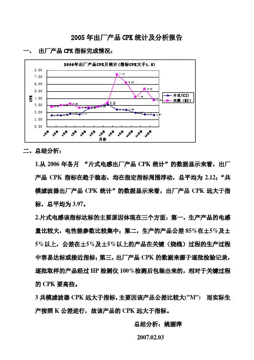 年出厂产品CPK统计及分析报告