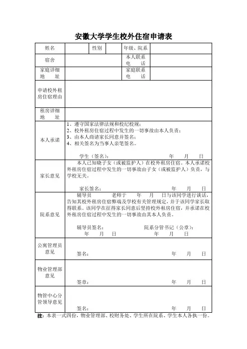 安徽大学学生校外住宿申请表