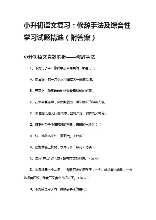 小升初语文复习：修辞手法及综合性学习试题精选(附答案)