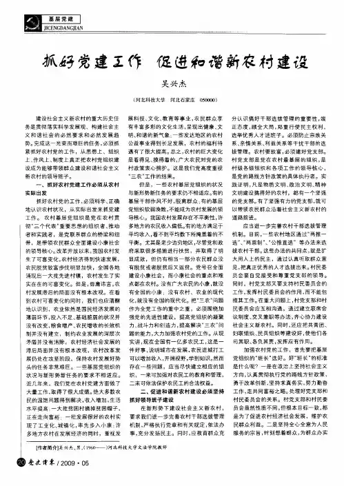 抓好党建工作 促进和谐新农村建设