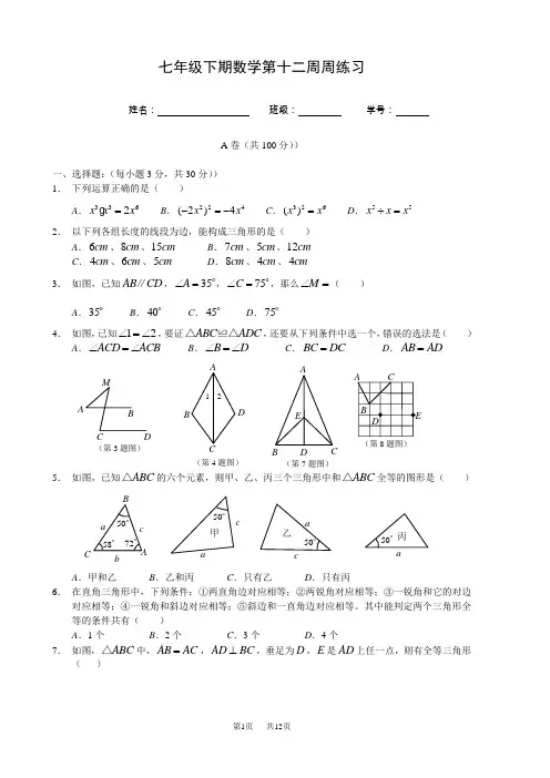 七年级下数学第十二周周练习含答案