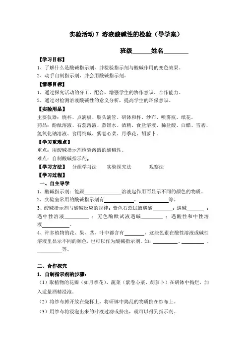 人教版九年级化学下册10《实验活动7 溶液酸碱性的检验》导学案设计(无答案)