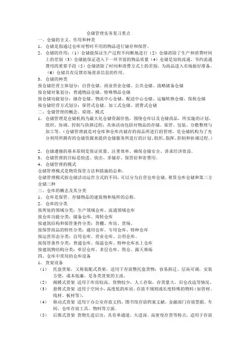 仓储管理实务复习重点