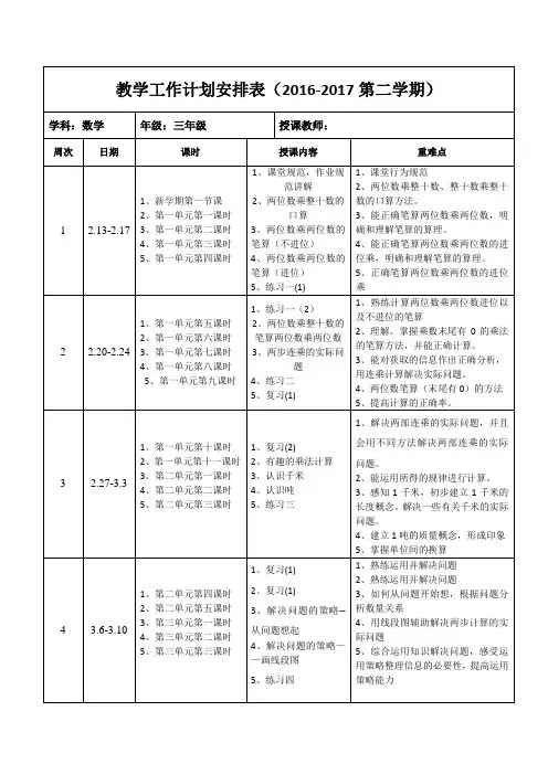 三年级教师教学计划安排表(2016-2017第二学期)