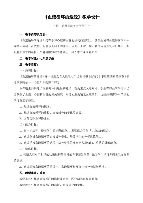 生物人教版七年级下册《血液循环的途径》教学设计