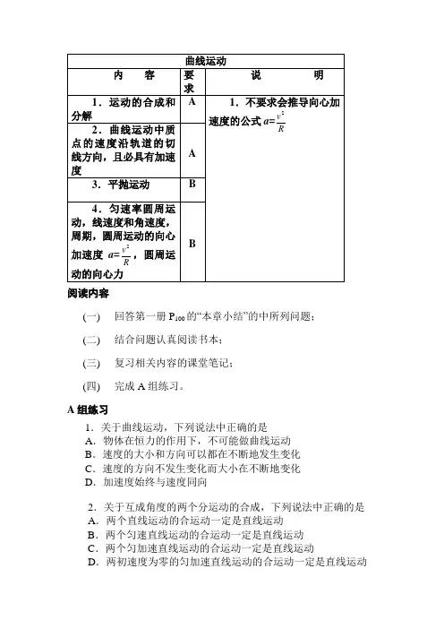 高三物理：曲线运动复习测试题及答案