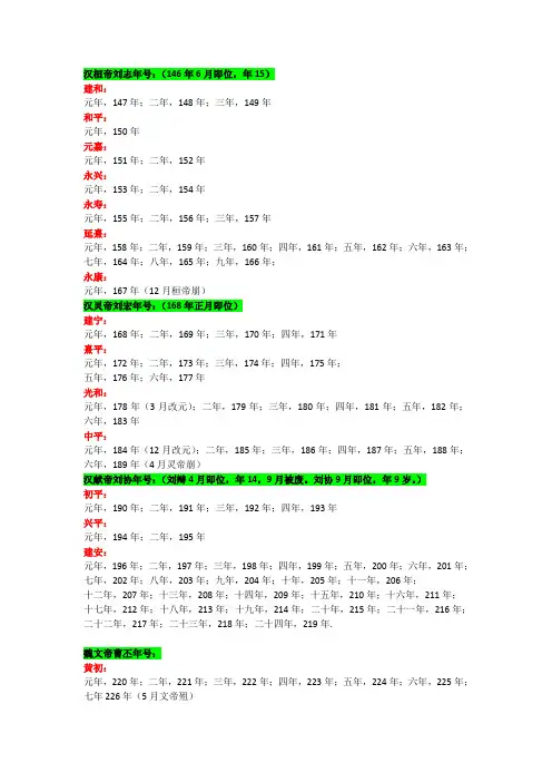 汉末三国年号及对应的公元纪年(以魏为正统)