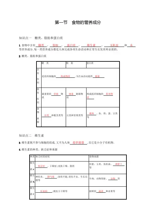 2018济南版生物七年级下册1.1《食物的营养成分》word练习题