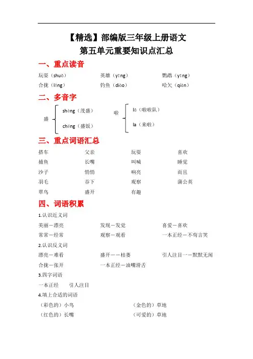 【精选】部编版三年级上册语文第五单元重要知识点汇总