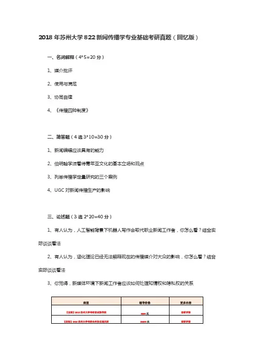 2018苏州大学的学姐经验分享2018年苏州大学822新闻传播学专业基础考研真题(回忆版)