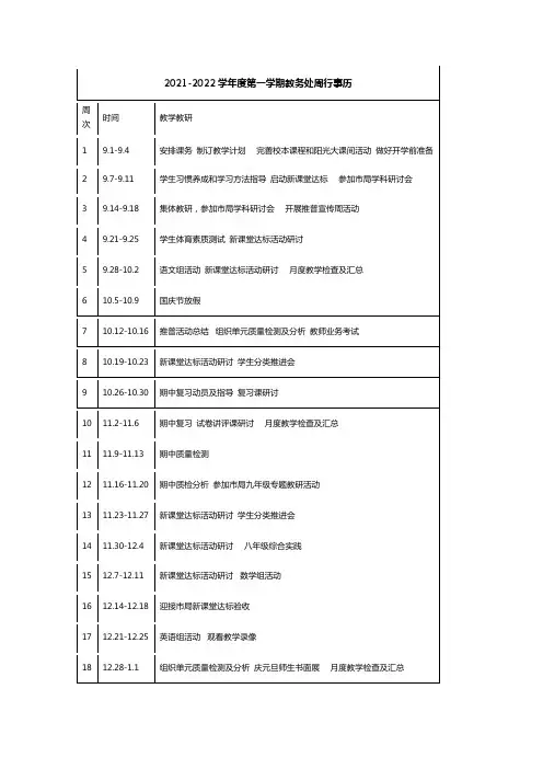 2021-2022学年度第一学期教务处周行事历