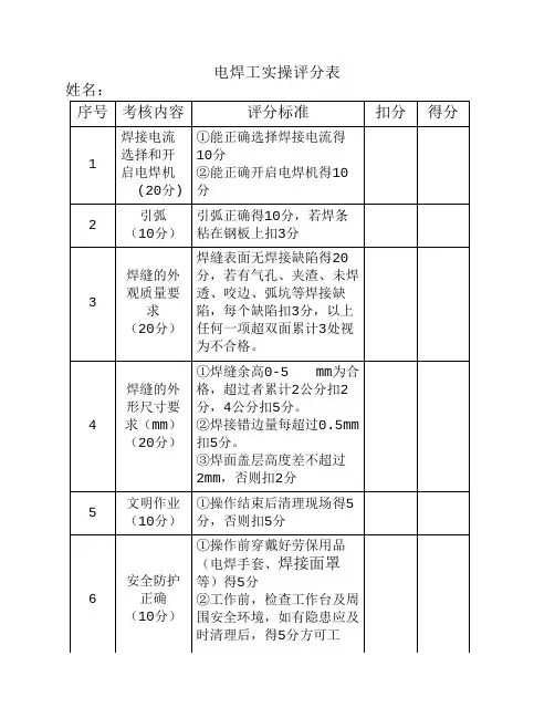 电焊工实操评分表