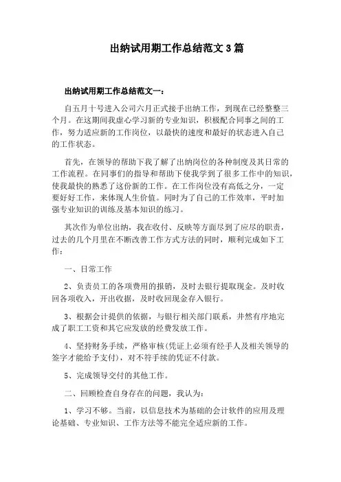 出纳试用期工作总结范文3篇