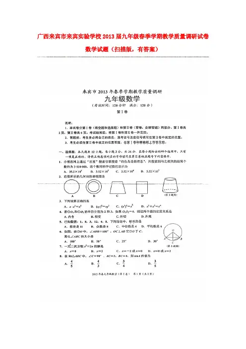广西来宾市来宾实验学校2013届九年级数学春季学期教学质量调研试题