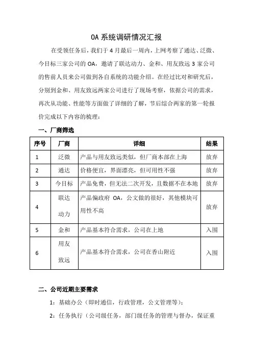 OA系统选型情况汇报