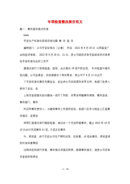 专项检查整改报告范文