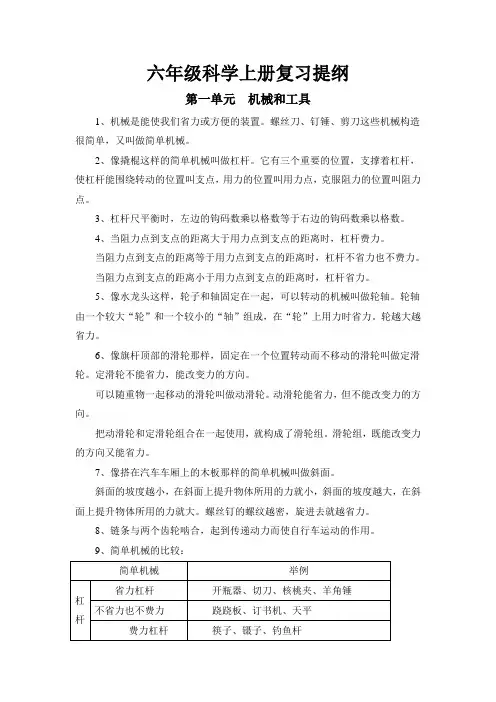 教科版六年级科学上册各单元知识点