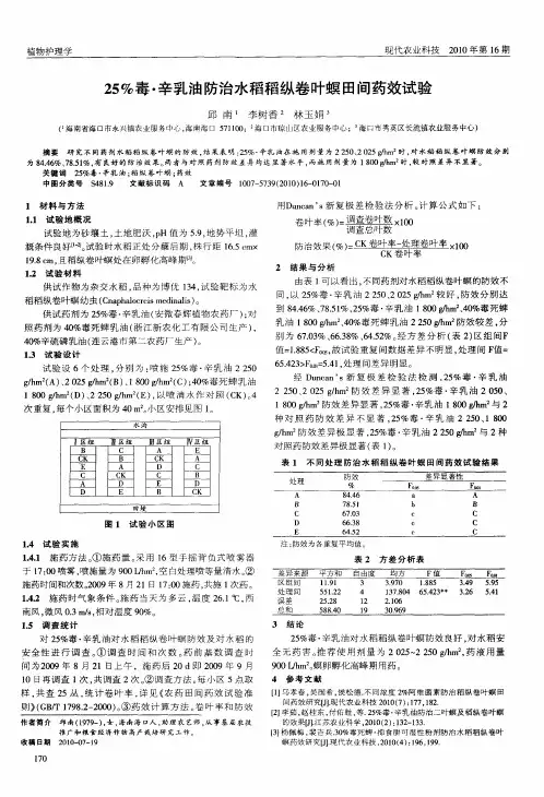 25%毒·辛乳油防治水稻稻纵卷叶螟田间药效试验