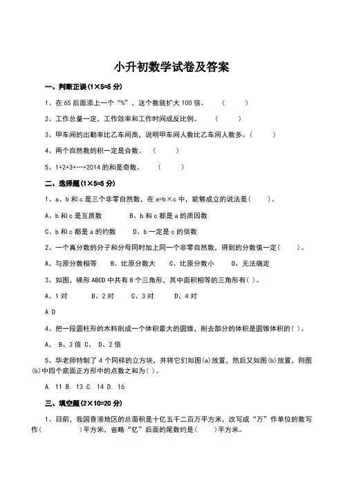 小学升初中数学试卷及答案