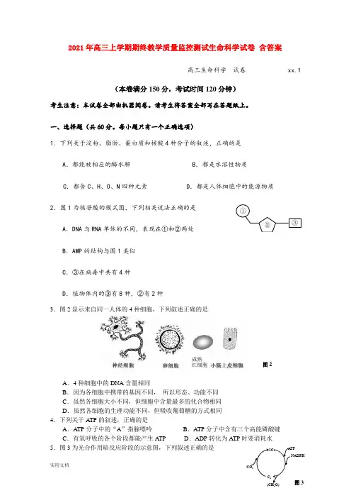 2021-2022年高三上学期期终教学质量监控测试生命科学试卷 含答案