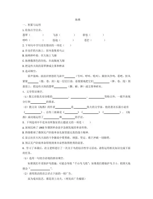 编版语文九年级下册海燕 同步练习1 含答案同步练习