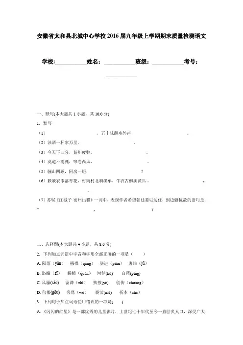 安徽省太和县北城中心学校2016届九年级上学期期末质量检测语文试题(自主命题)(附答案)